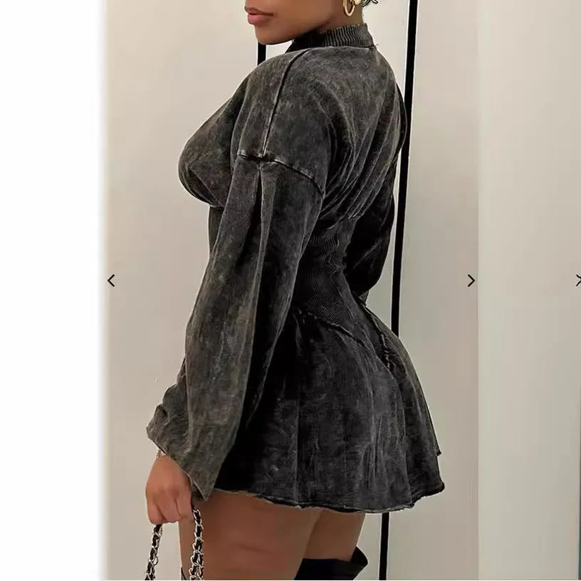 Gray women's dress with digital printing, drawstring waist, A-line skirt, and long sleeves
