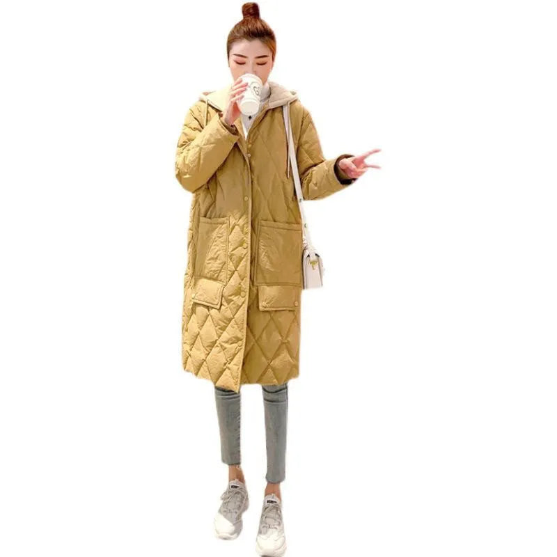 Women's over-the-knee rhombus plaid hooded jacket, loose fit, flight sleeves, Ginger Yellow colour