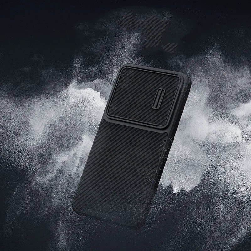 Black Samsung S23 phone case with lens cover, made from TPU, PC and carbon fibre.
