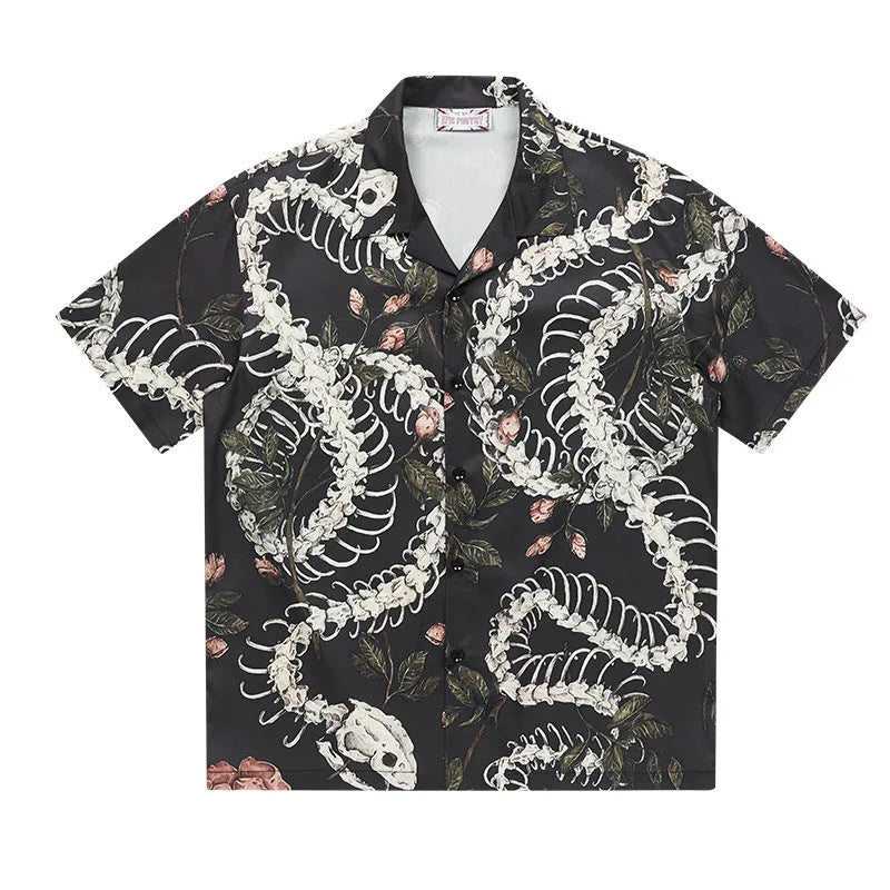 Original snake bone and flower pattern printed on a loose-fit, short sleeve Cuban collar shirt in various colours.