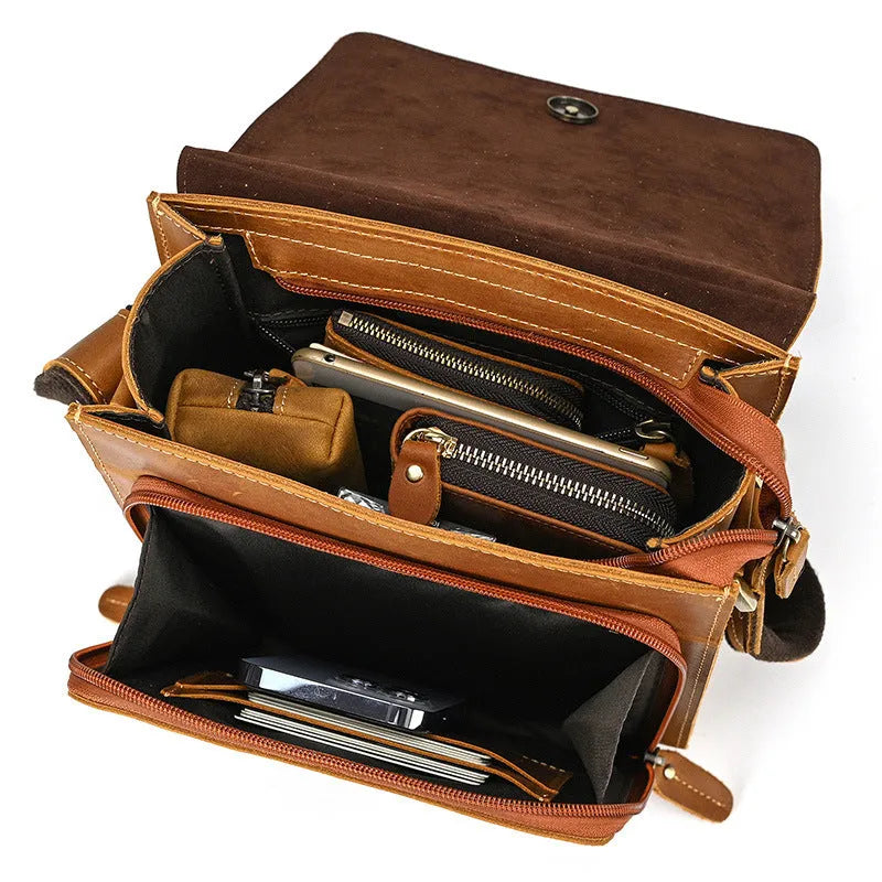 Men's brown leather crossbody bag with first layer cowhide and European retro styling