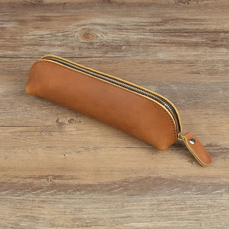 Genuine cowhide leather handmade pencil case with zip closure in black colour