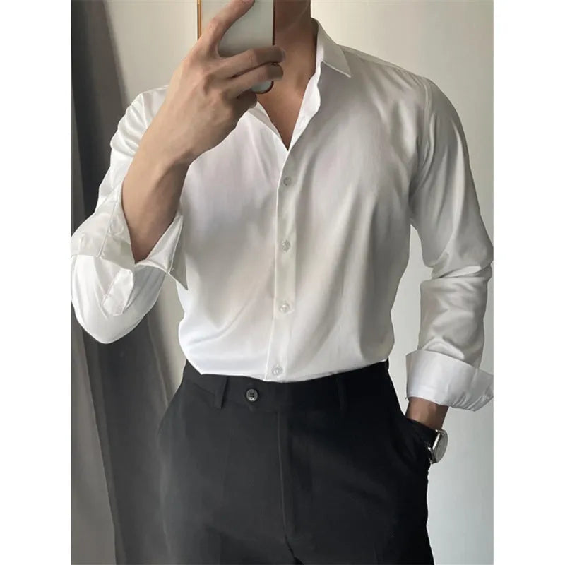 Men's spring summer slim fit solid colour leisure shirt in cardigan style, black colour option, on a model