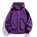 Men's black waterproof windproof hooded jacket with long sleeves on a size chart showing S to 8XL.
