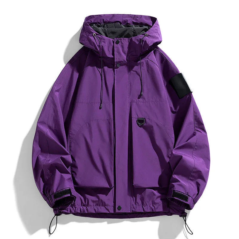Men's black waterproof windproof hooded jacket with long sleeves on a size chart showing S to 8XL.