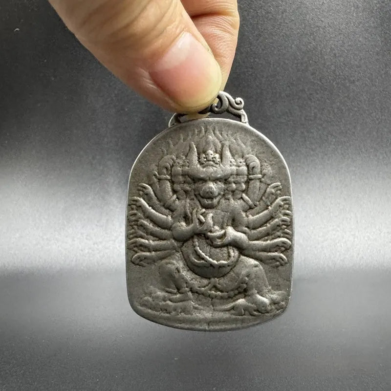 Antique Chinese iron geometric pendant ornament with Yamantaka Aryaacalanatha motif for hanging display