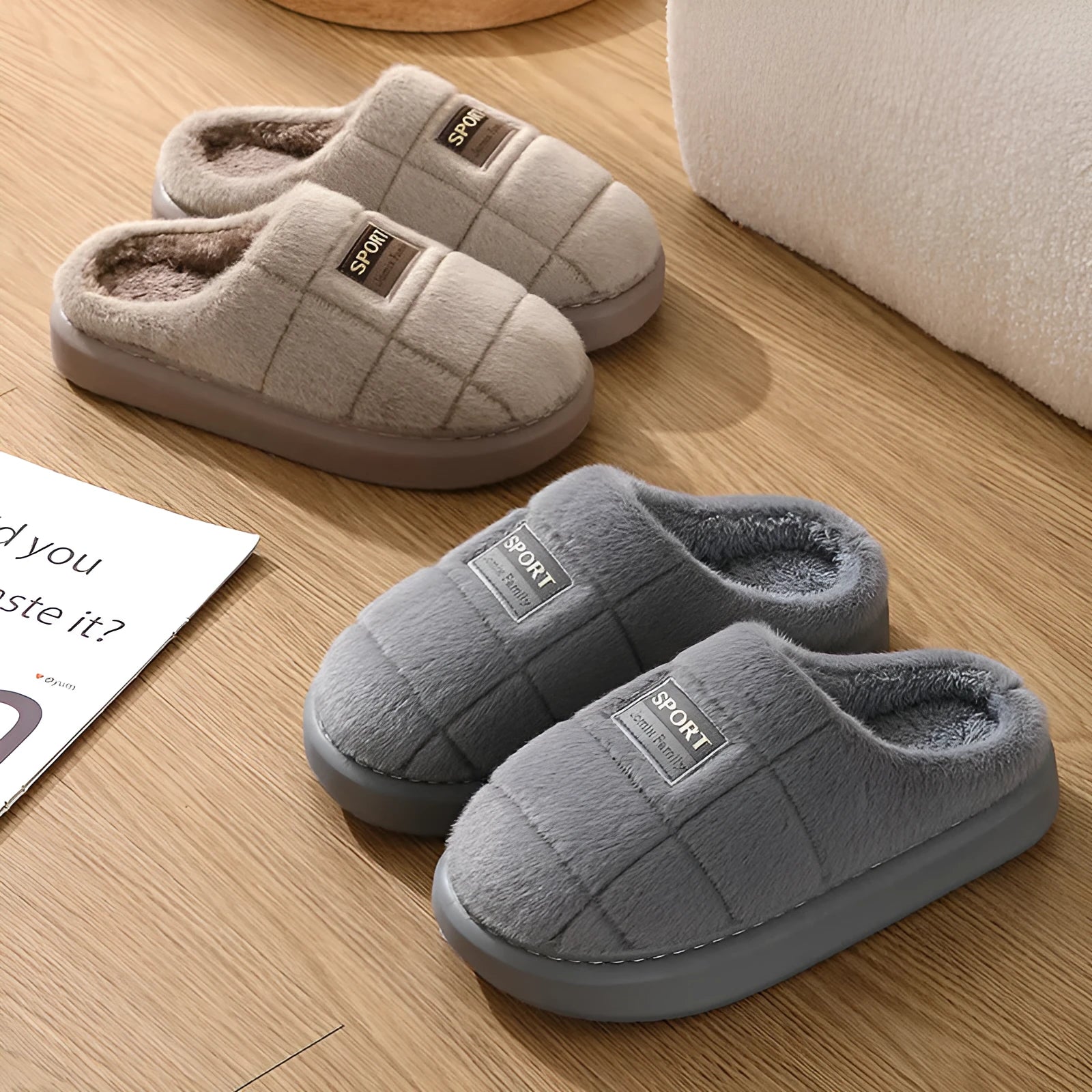 Men's plaid rabbit hair slippers with thick EVA sole and artificial wool lining in brown colour.