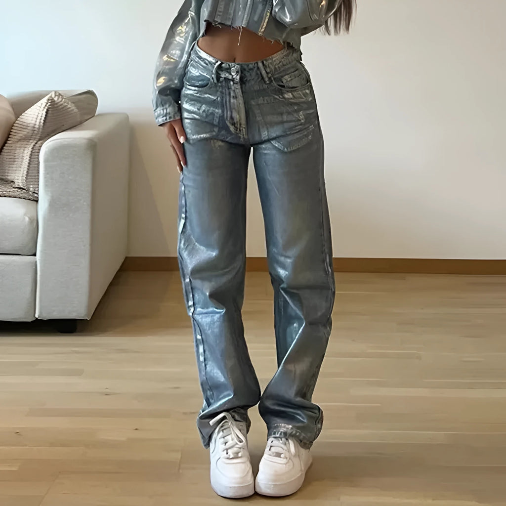 High waisted straight leg jeans in blue, silver or black with contrast colour street hipster style