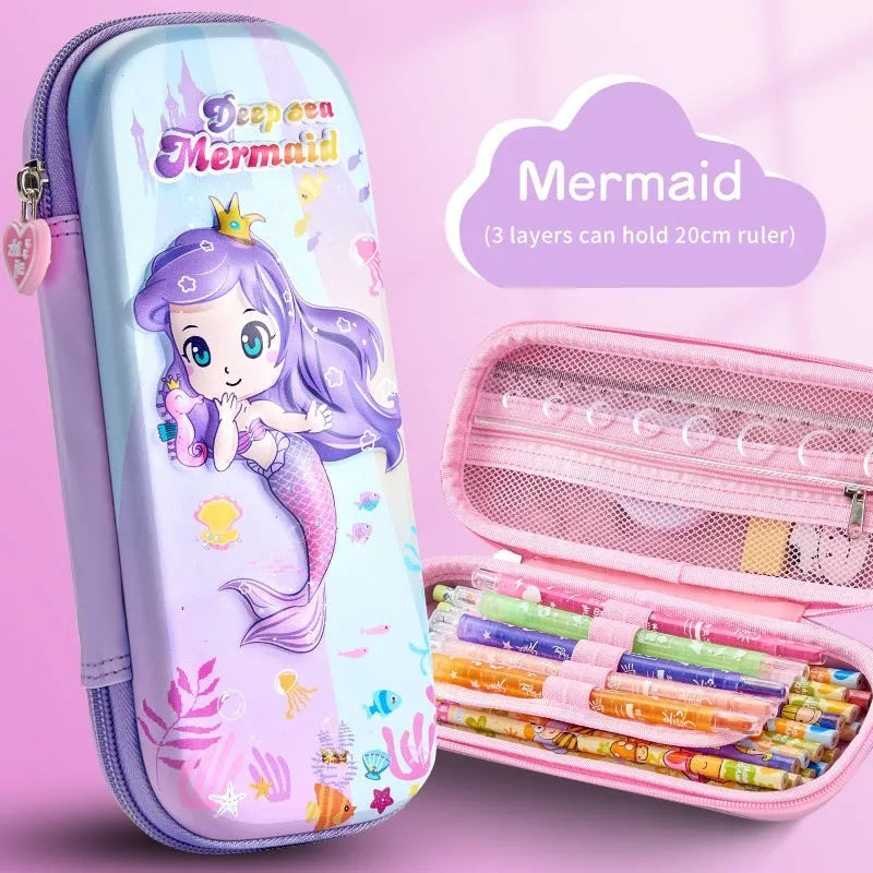 3D leather pencil case with zipper closure showing character design options including astronauts, unicorns, and mermaids