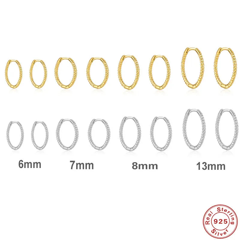 A pair of S925 sterling silver twisted string round hoop earrings on a gold background.