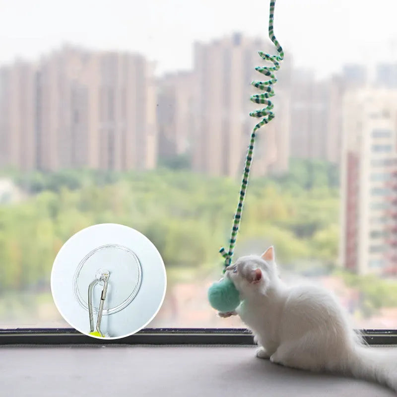 Blue inflatable ball on a spring attached to a plastic handle with suction cup, a cat toy for kittens