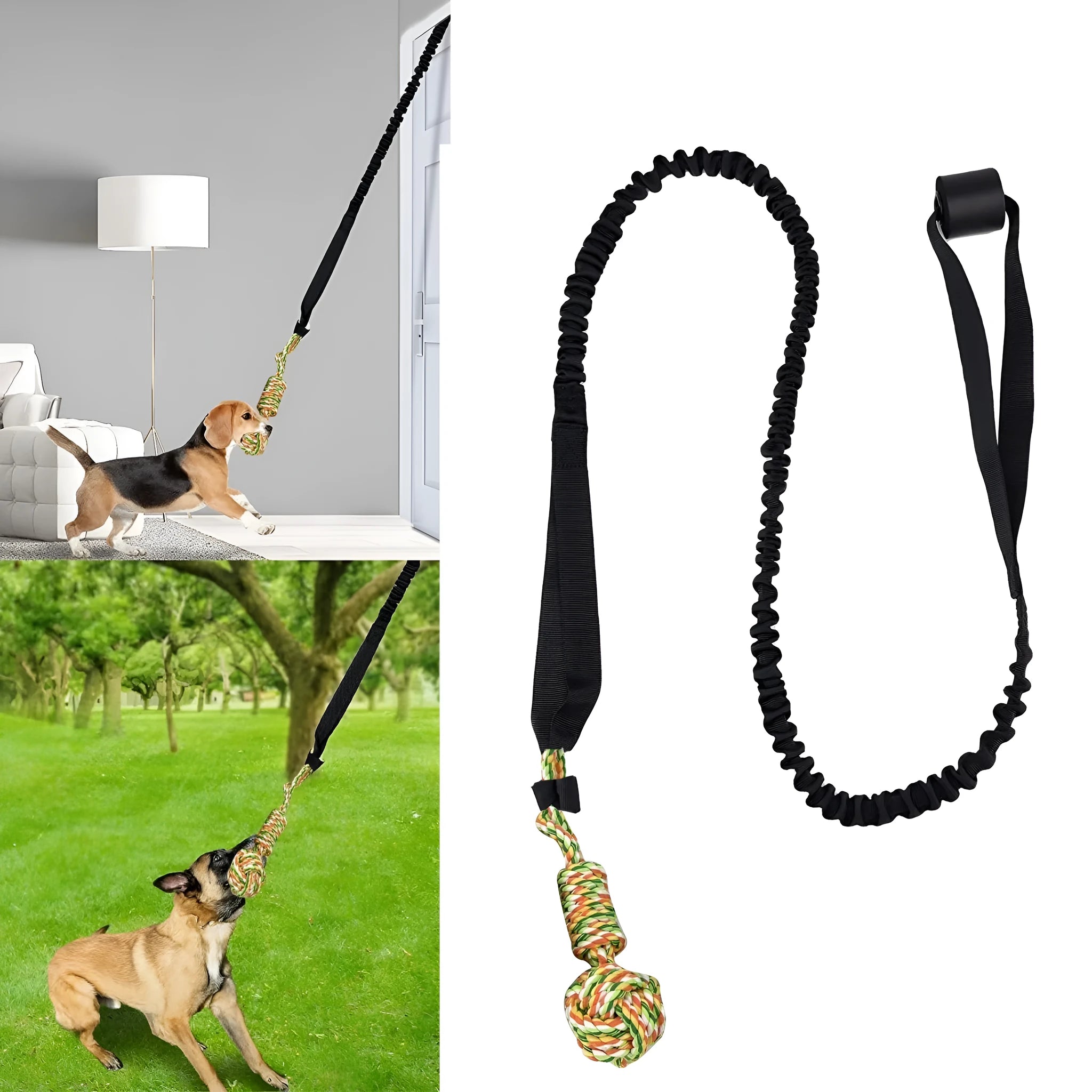 Cotton thread dog tug of war rope toy in choice of black, grey, or red colours.