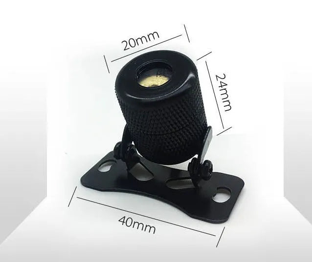Aluminium housing laser fog lamp with red beam, showing adjustable mount and wiring for 12-24V vehicles.