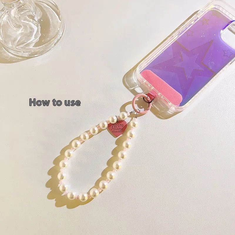 Pink beads pearl spacer love charm crossbody mobile phone lanyard with wristband and clip