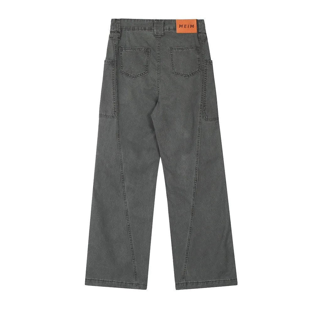 Men's loose casual cotton denim work trousers in black, dark green, and smoky gray, sizes S to XXL