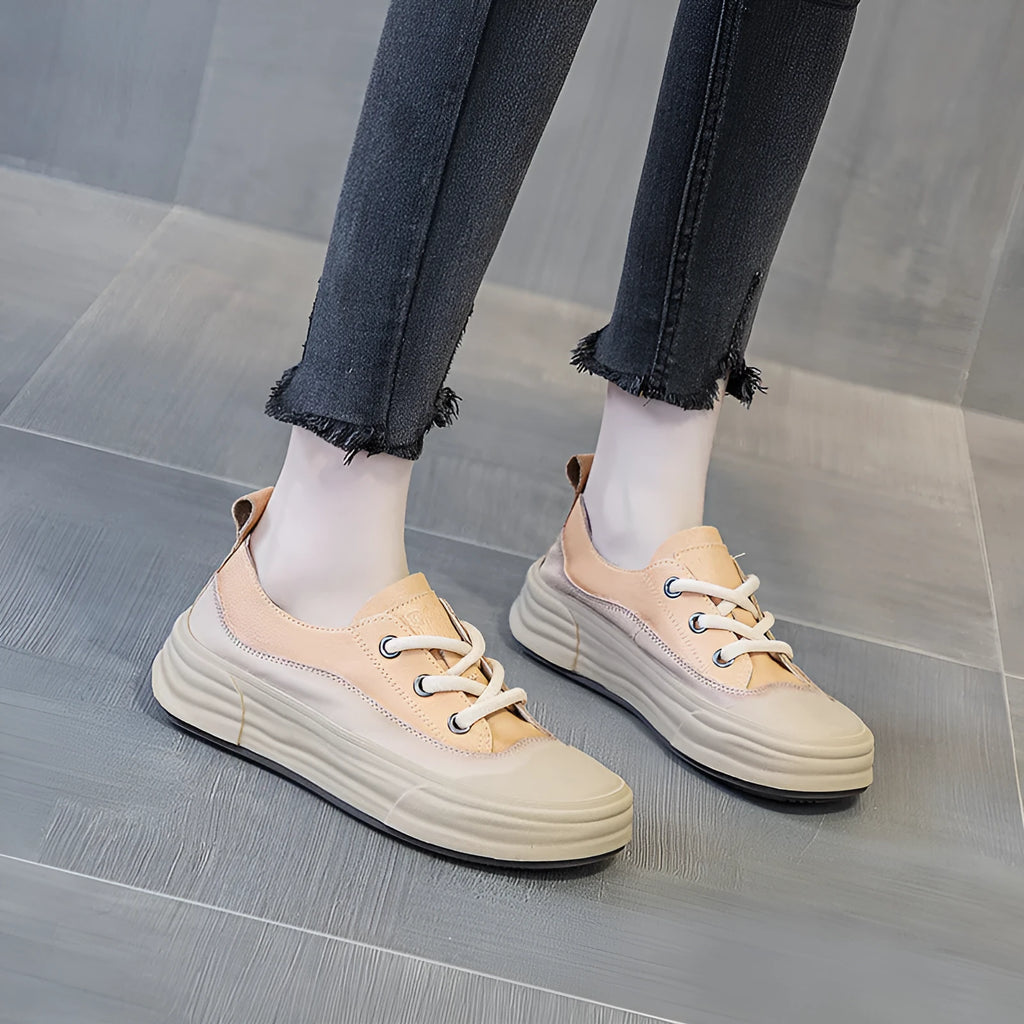 Women's round toe leather casual platform sneakers in matcha green, front lace-up design