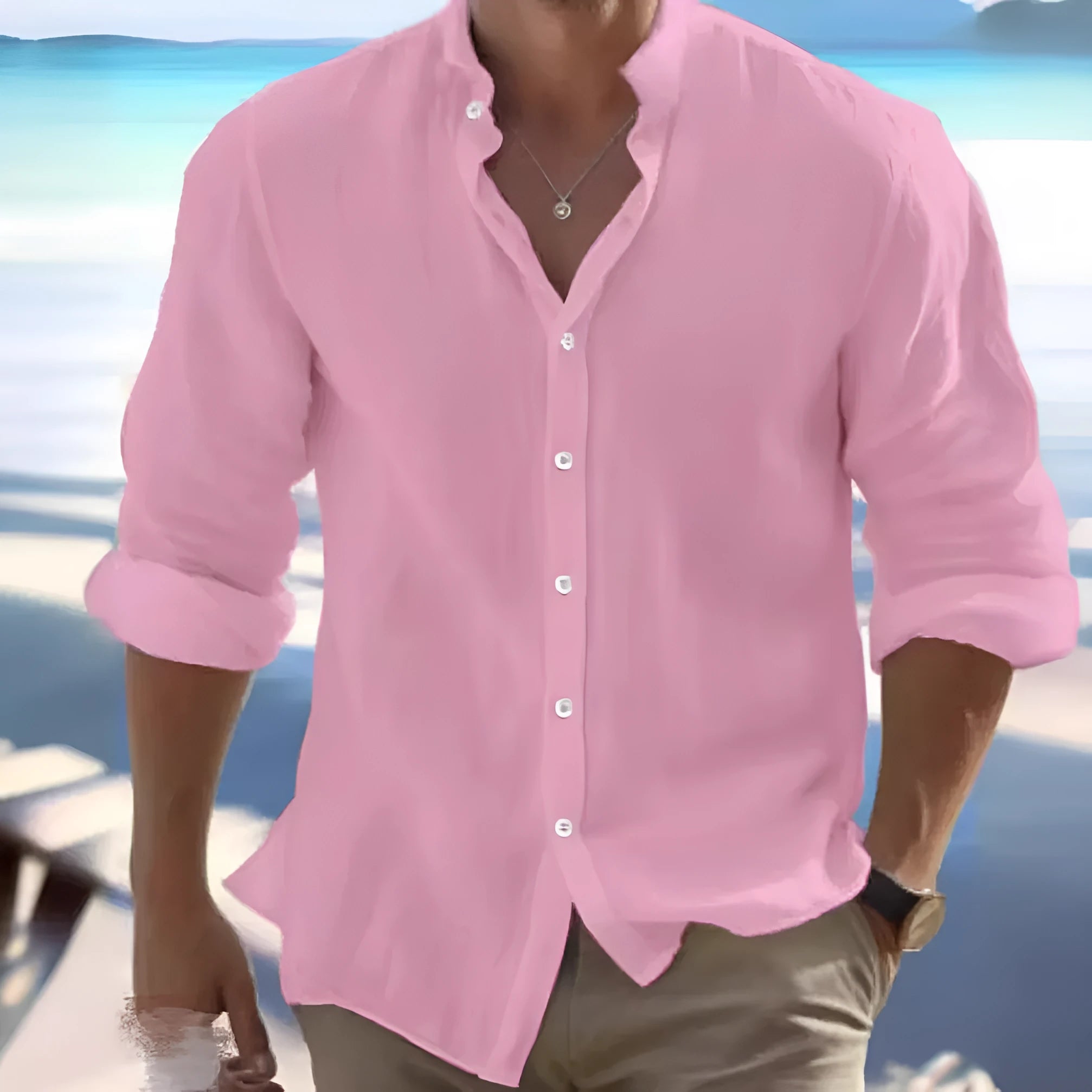 Man wearing a light grey long-staple cotton pullover summer shirt with casual stitching details.
