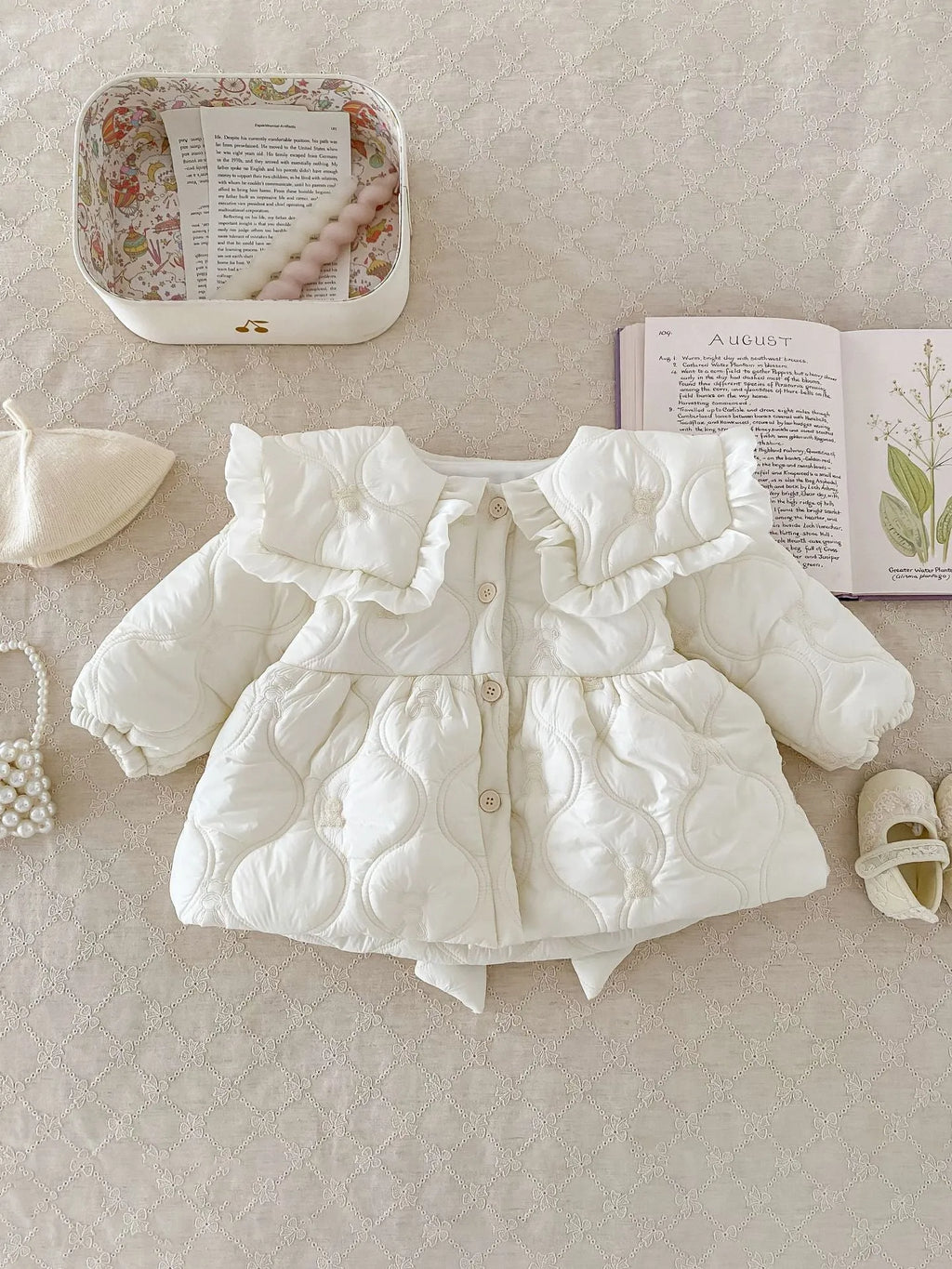 Girls cotton padded winter coat in light beige with thickening cotton filling for warmth