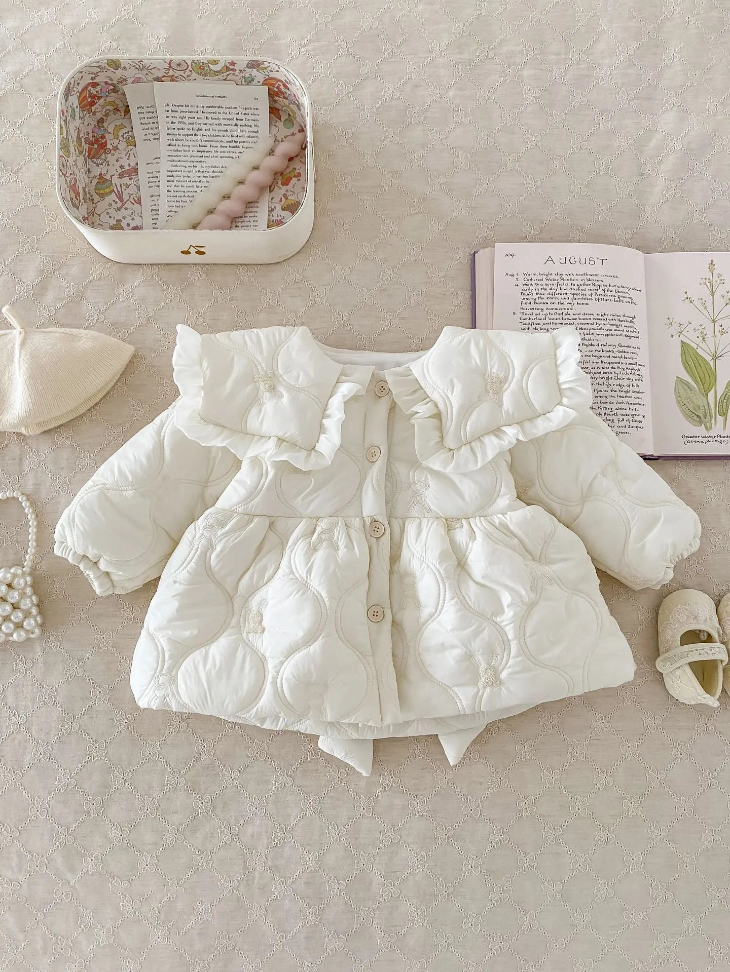 Girls cotton padded winter coat in light beige with thickening cotton filling for warmth
