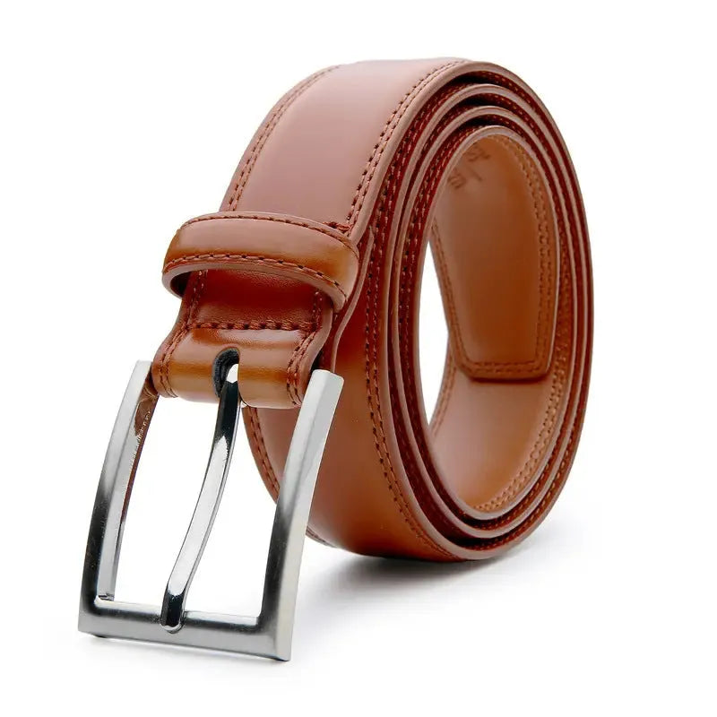 Men's genuine leather casual belt with alloy buckle in 95 grain black, brown, or yellow brown.