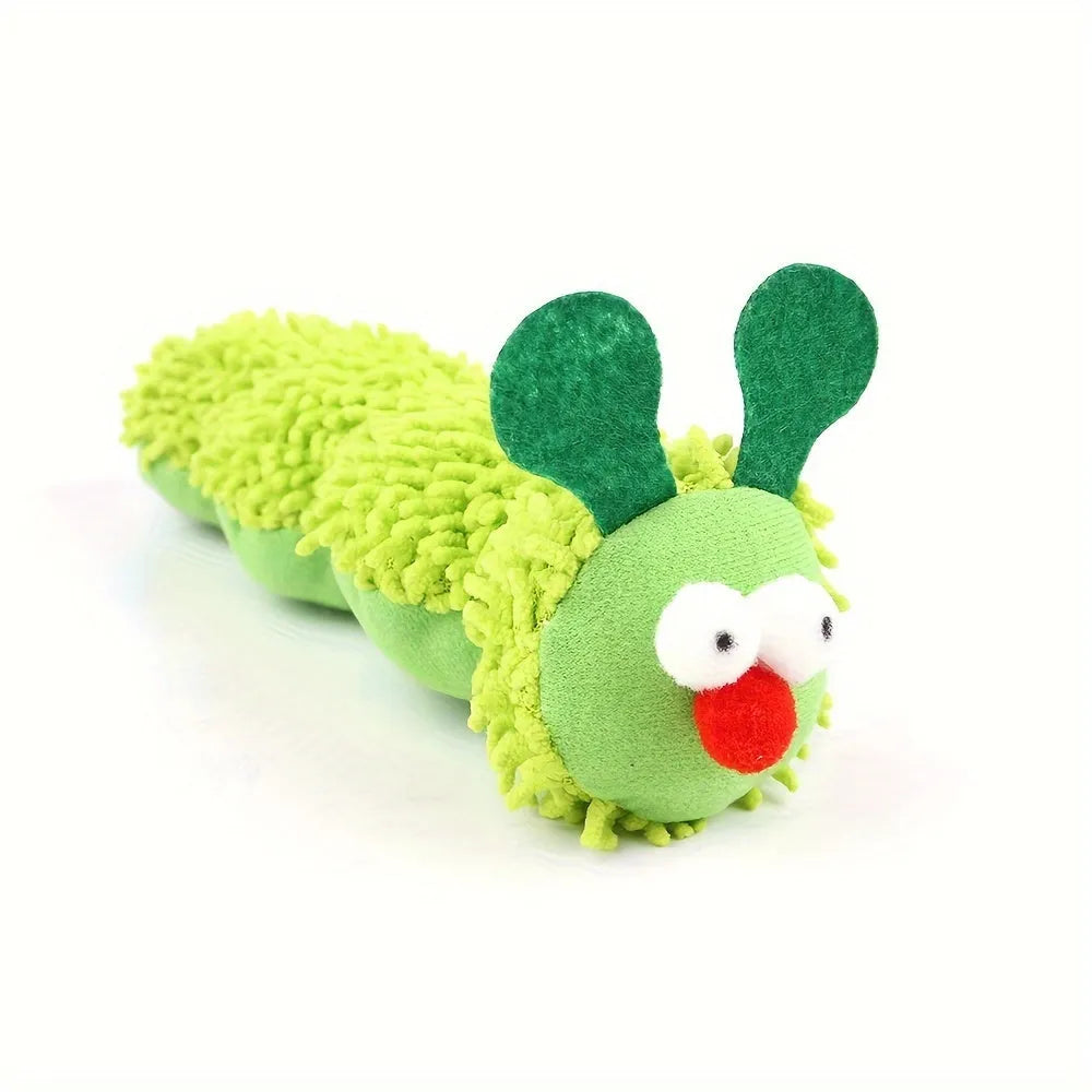 Green interactive plush cat toy pillow measuring 24cm long with sports design