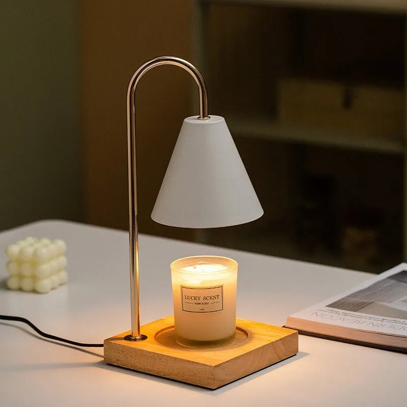 Aromatherapy wax melting lamp with oak or walnut base and white, black, or gold lampshade, dimming switch and two bulbs