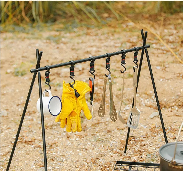 Aluminium alloy triangle folding clothes drying rack with multiple hooks for camping