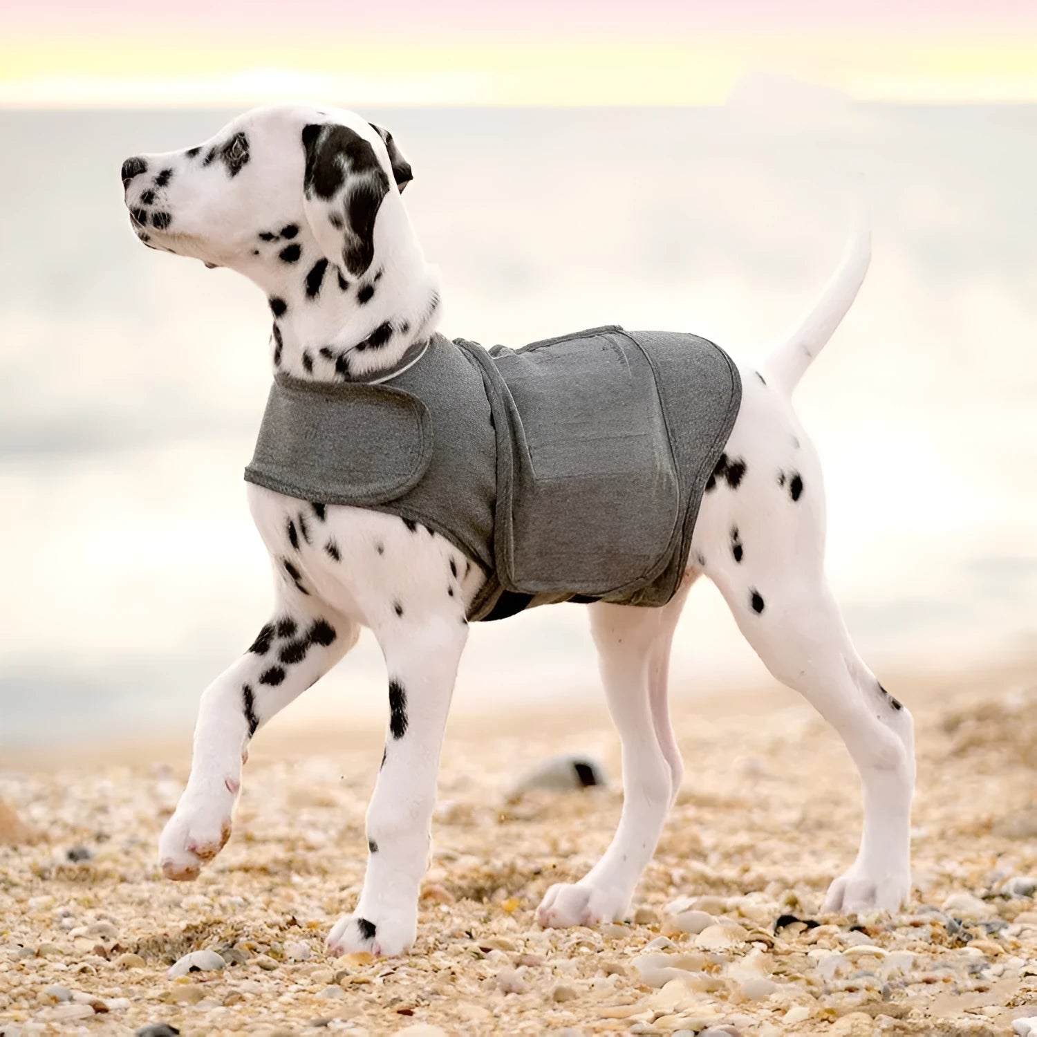 Heather Grey dog anxiety pressure vest made of brocade cotton ponte-de-roma on a medium-sized dog