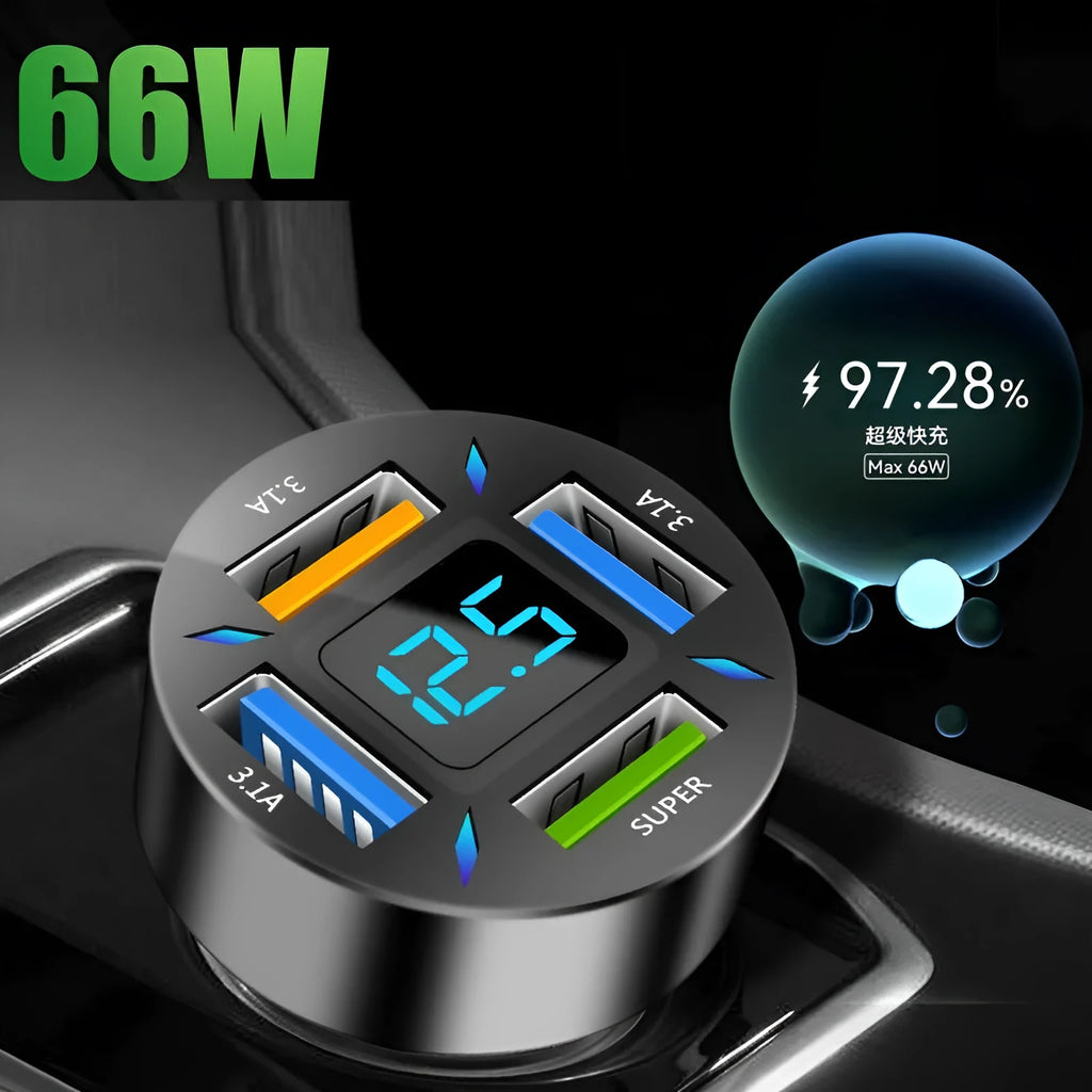 Four-port USB car charger with digital LED display plugged into a car dashboard