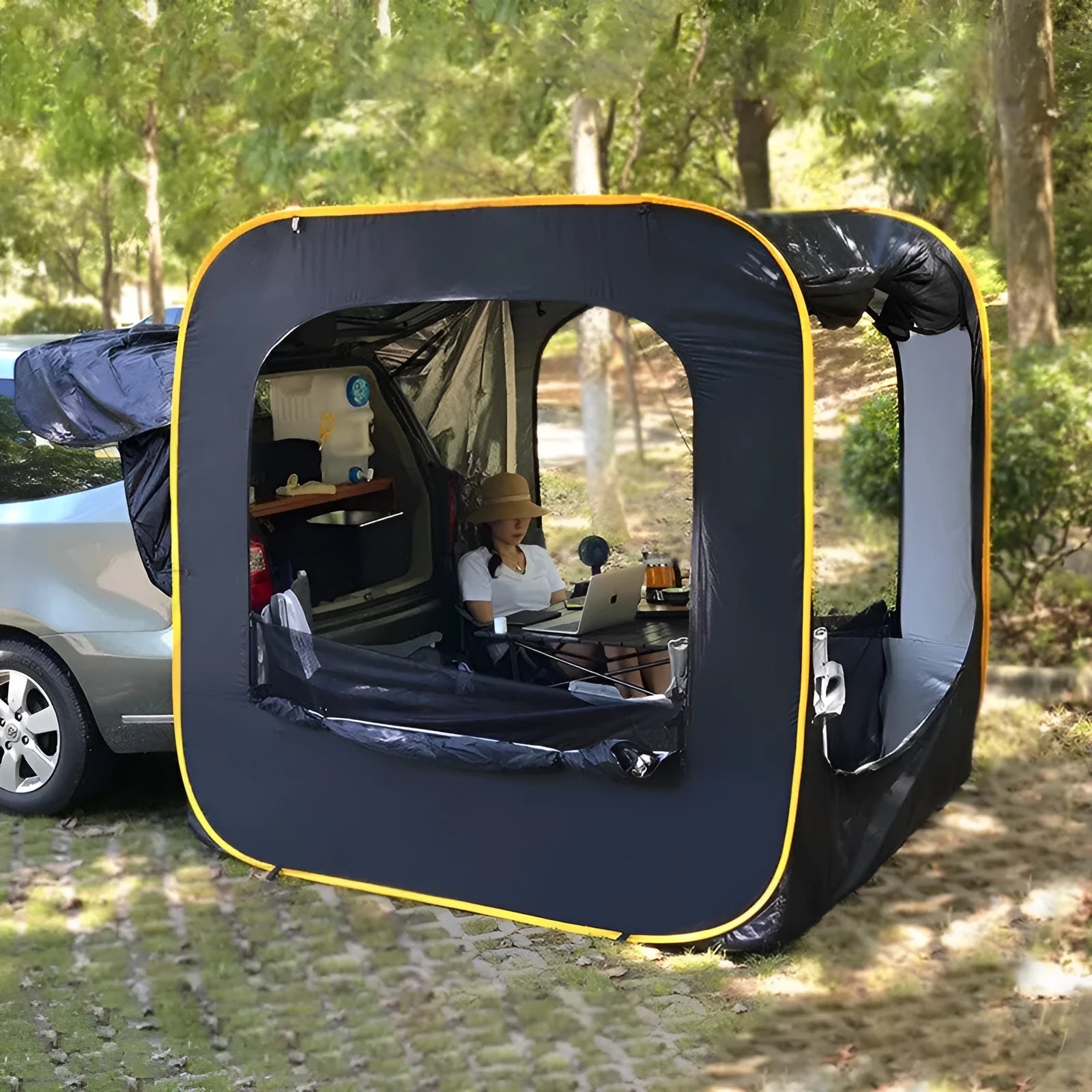 Black pop-up car tail tent with quick throw setup shown unfolded to 200x200x200cm dimensions