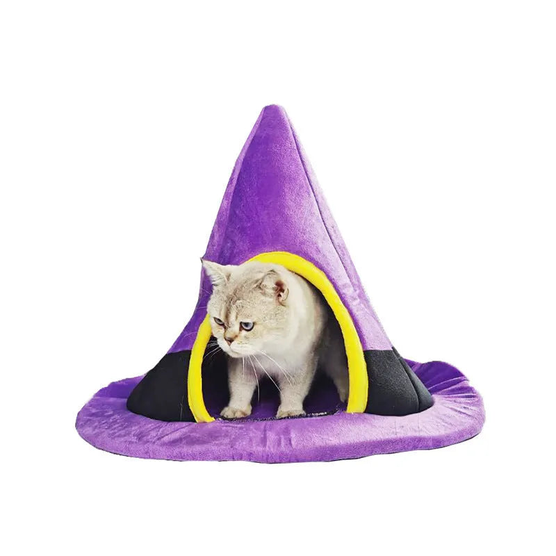Purple witch hat-shaped cloth cat nest for pets, shown with dimensions of 60 by 45 centimetres.