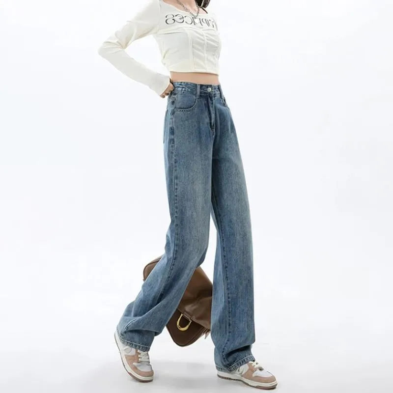 Women's retro blue wide leg jeans with high waist and straight cut design