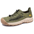Men's casual sandals with closed toe, hand-woven PU leather upper, and elastic band closure