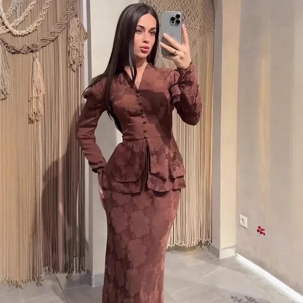 Dark brown artistic retro long dress with plant pattern, long sleeves, and a fake two piece design.