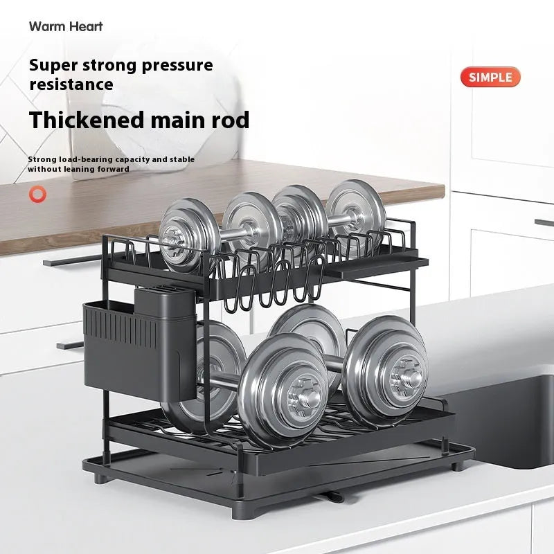 Double-layer kitchen storage rack with removable draining basket in modern design