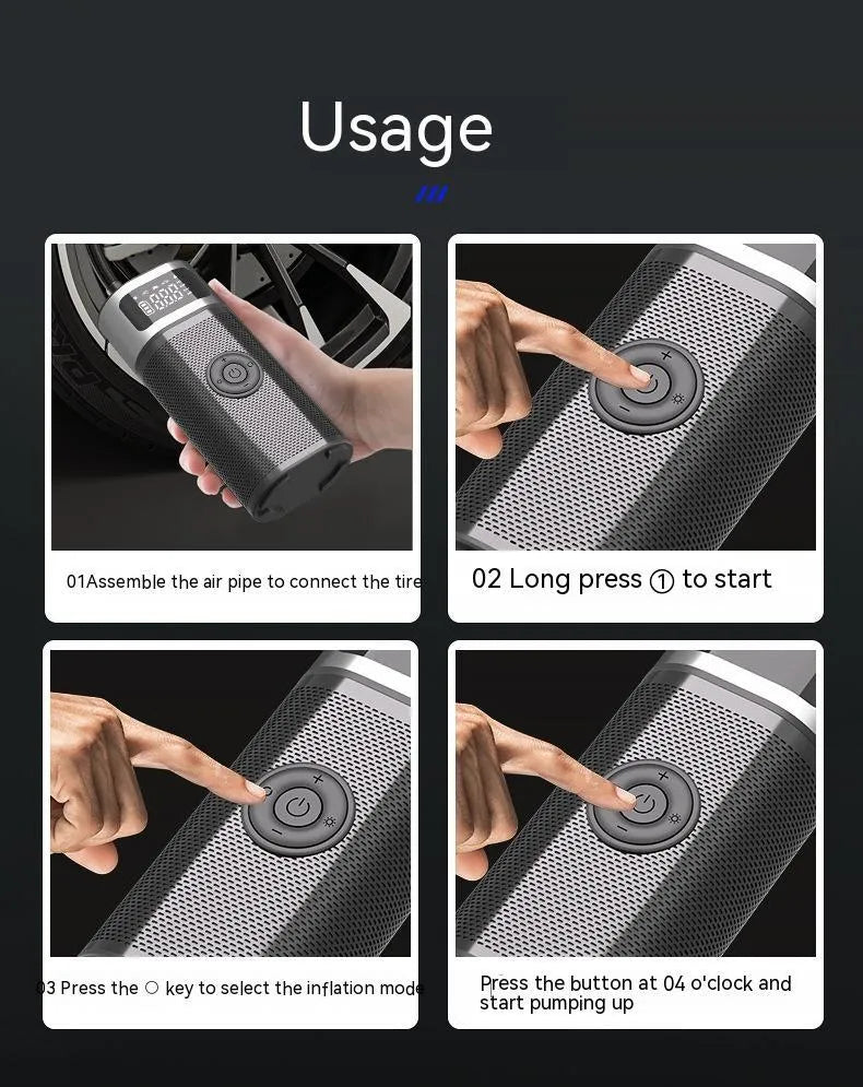 Black portable wireless smart vehicle air pump with hoses and nozzles on a storage bag.