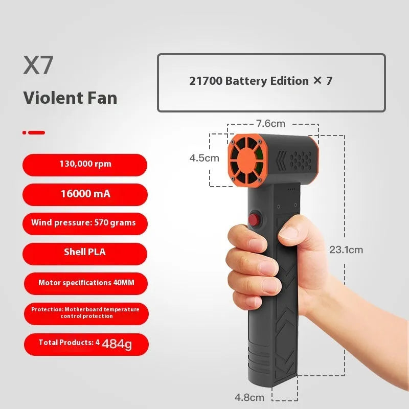 X7 colour high-speed handheld wireless portable dust blower fan with brushless motor, USB rechargeable, dimensions 7.6x23.1x4.8 cm