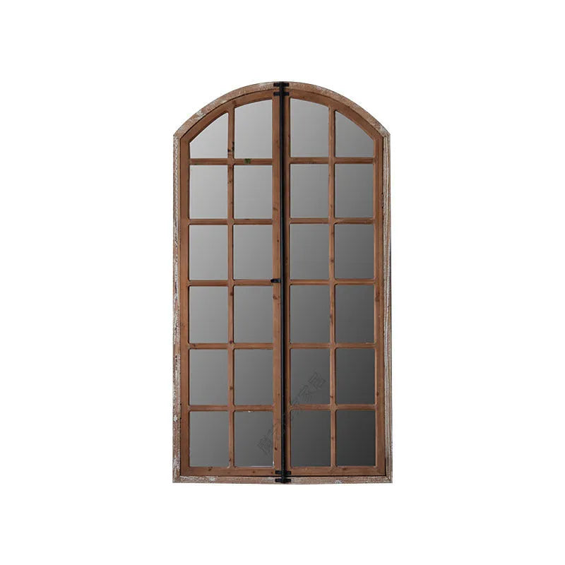 Distressed wooden glass fake window wall mirror in log colour