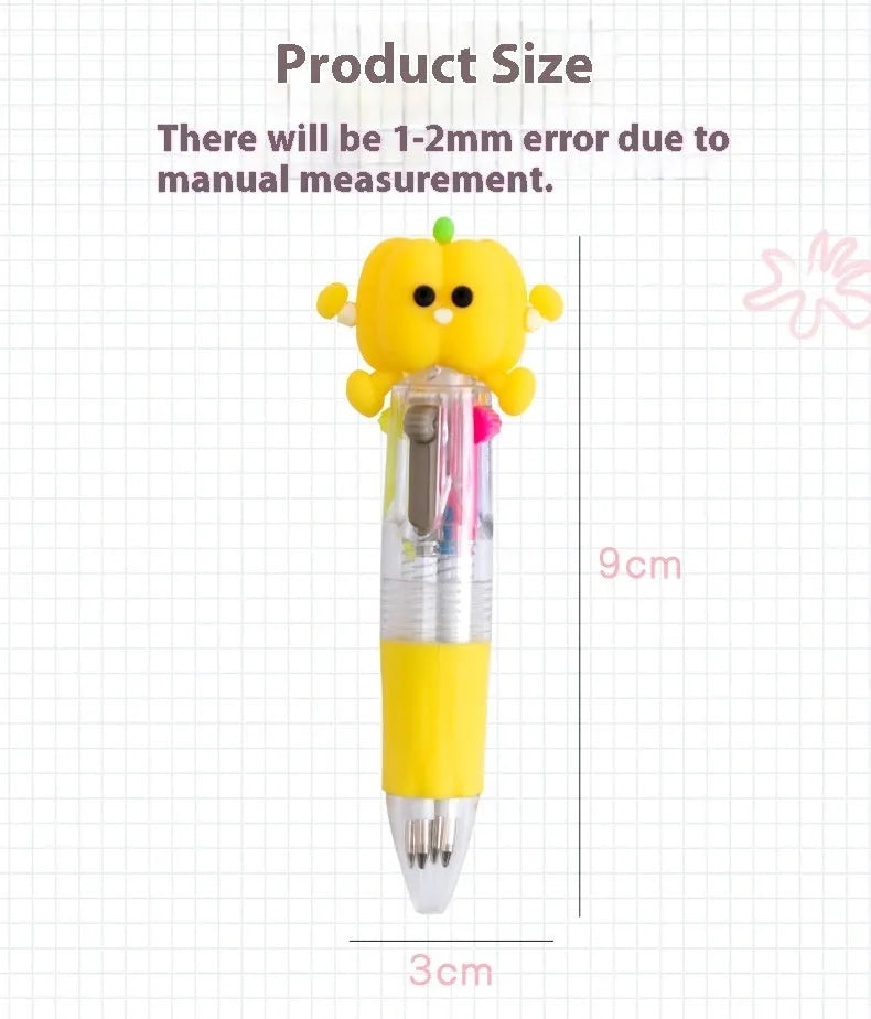 Four-colour press ballpoint pen with cartoon designs and 0.7mm tip in random colour pattern options