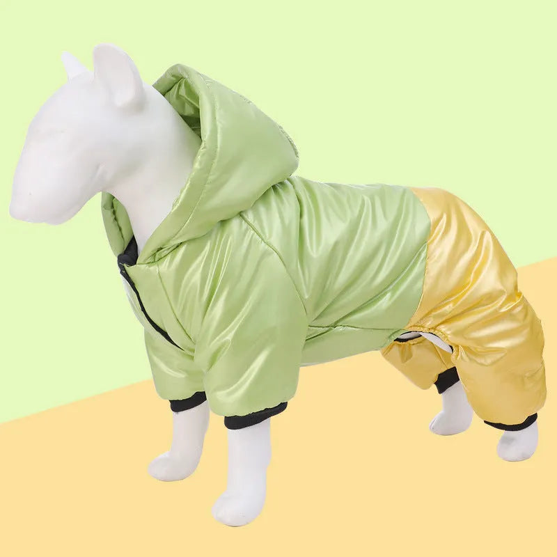 Green waterproof dog cotton-padded coat with four-legged design for medium-sized dog
