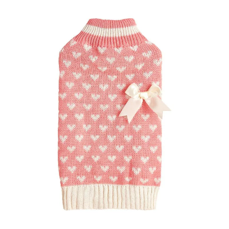 Red dog sweater with a large white love heart design on the side.