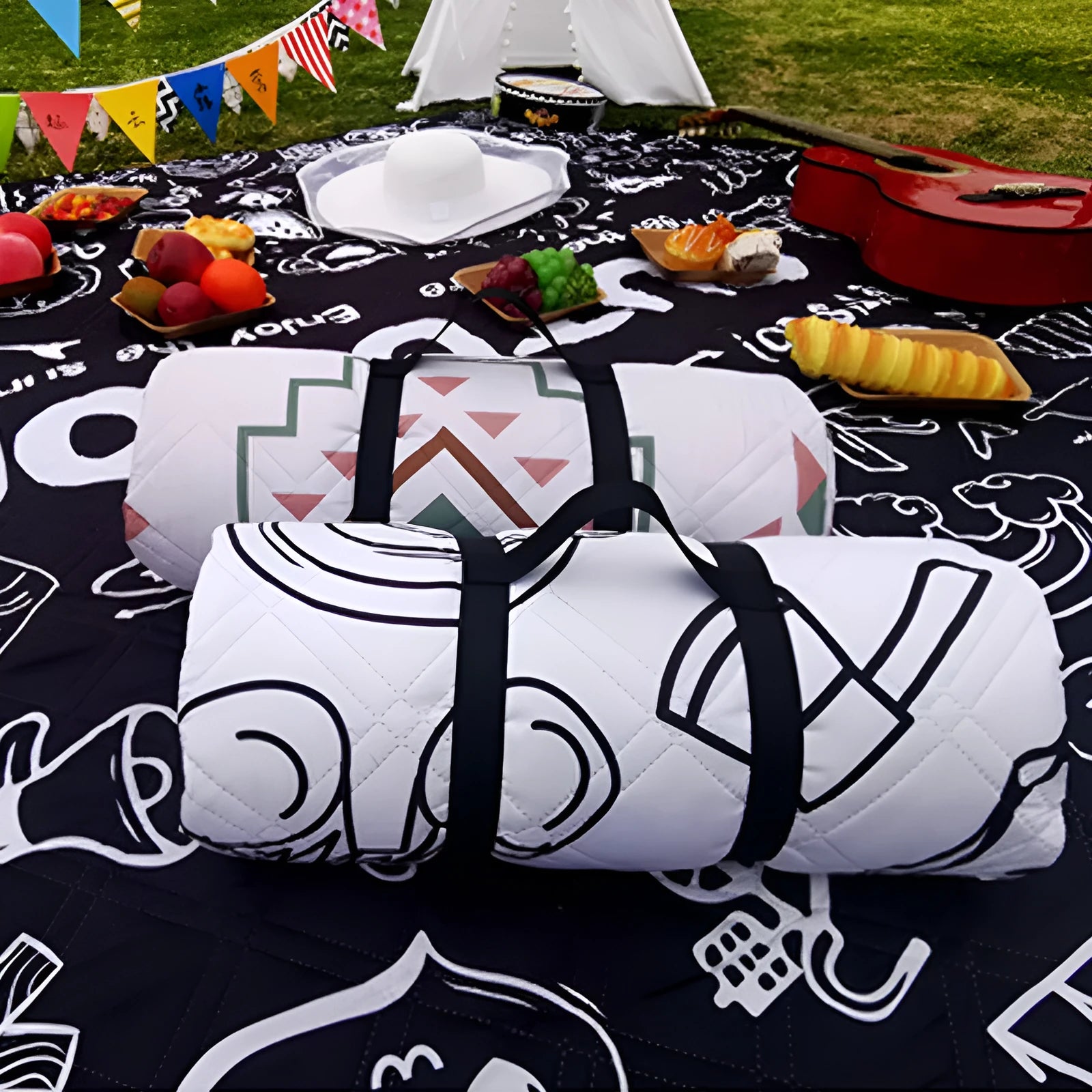 Black graffiti ultrasonic picnic mat 200x200cm waterproof pongee blanket for camping