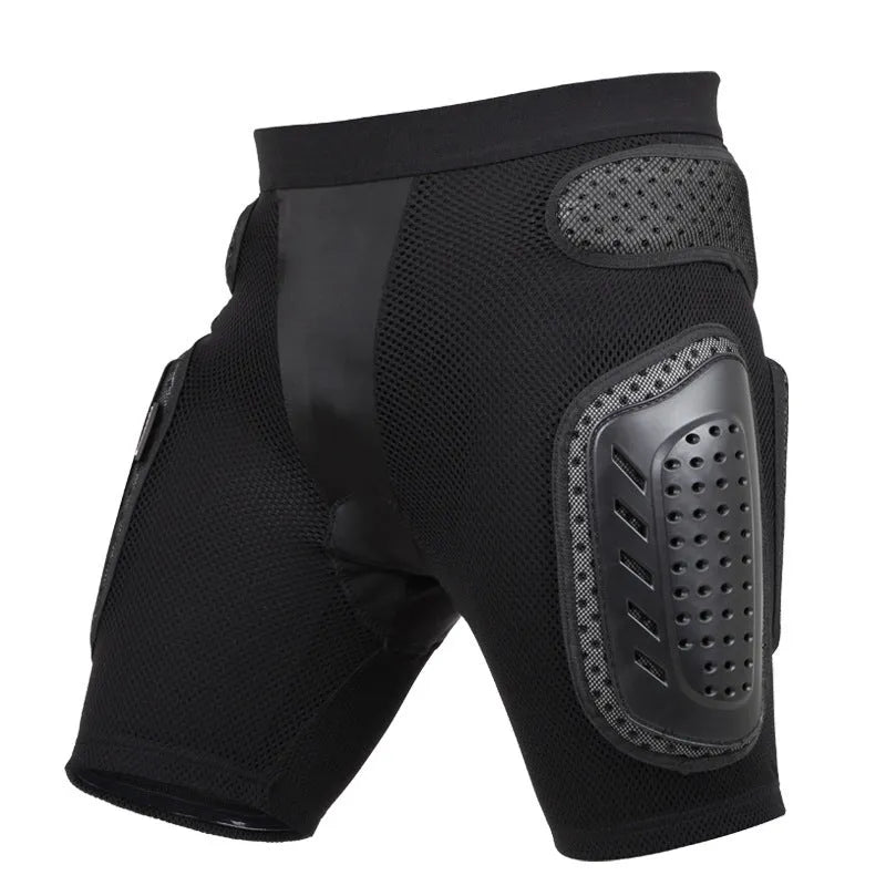 Black cycling hip protection pants with removable padding, shown in size L on an adult model.