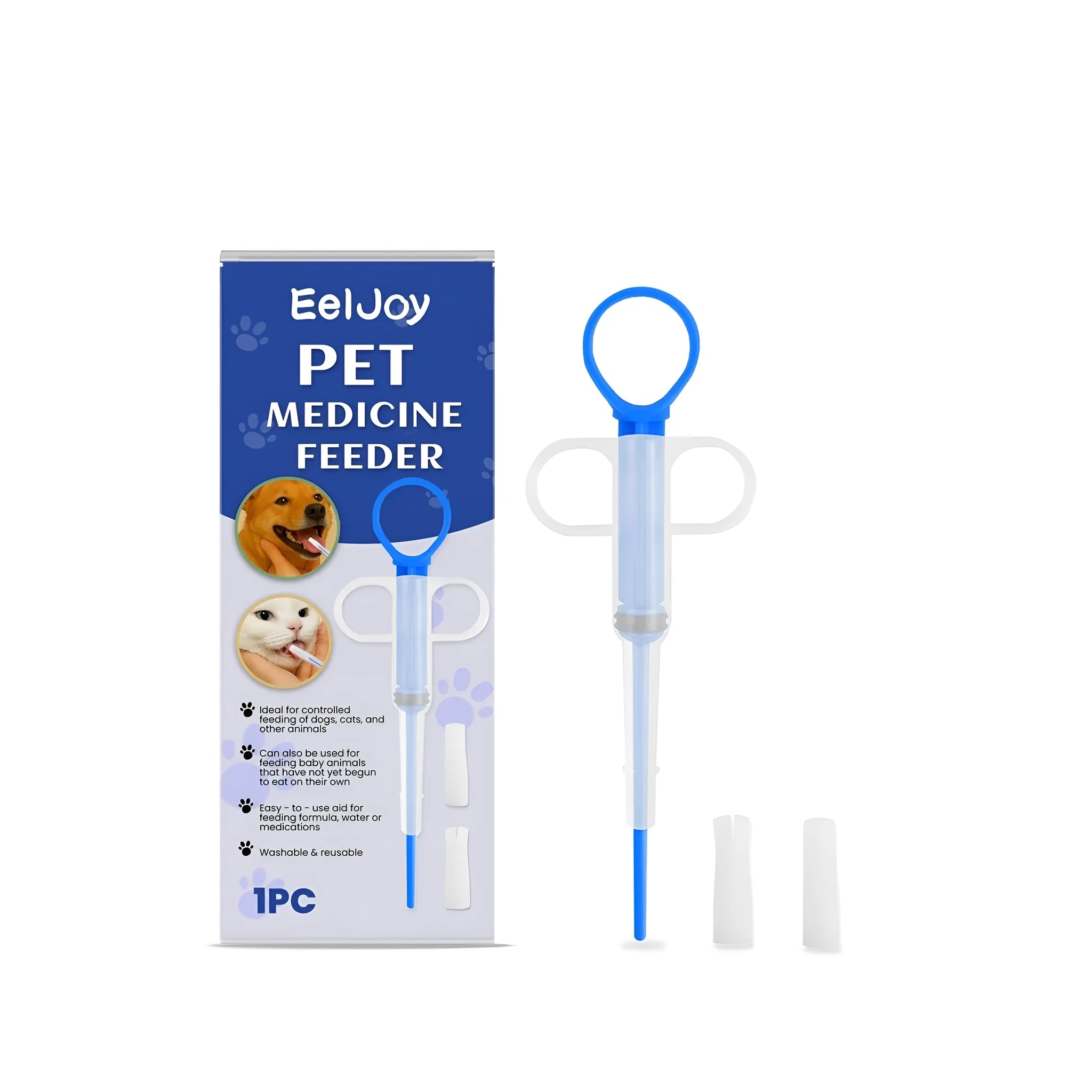 EELJOY pet medicine feeder with split head and round head, made from PP and silica gel, on white background
