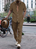 Men's casual loose short sleeve shirt and trouser beach suit in cotton blend, available in multiple colours