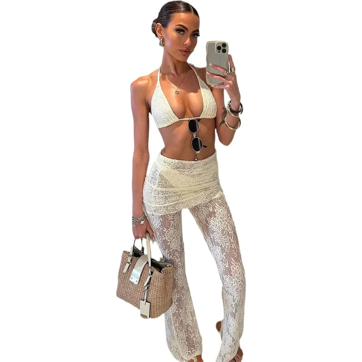 Lace three-piece ladies swimsuit set in solid colour C3664 White