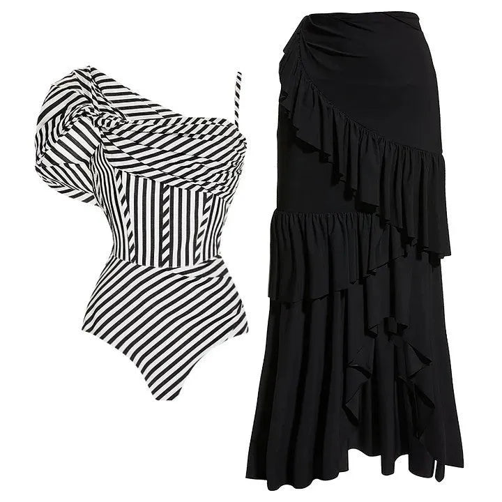 Women's ruffled one-piece swimsuit in striped pattern or black skirt design