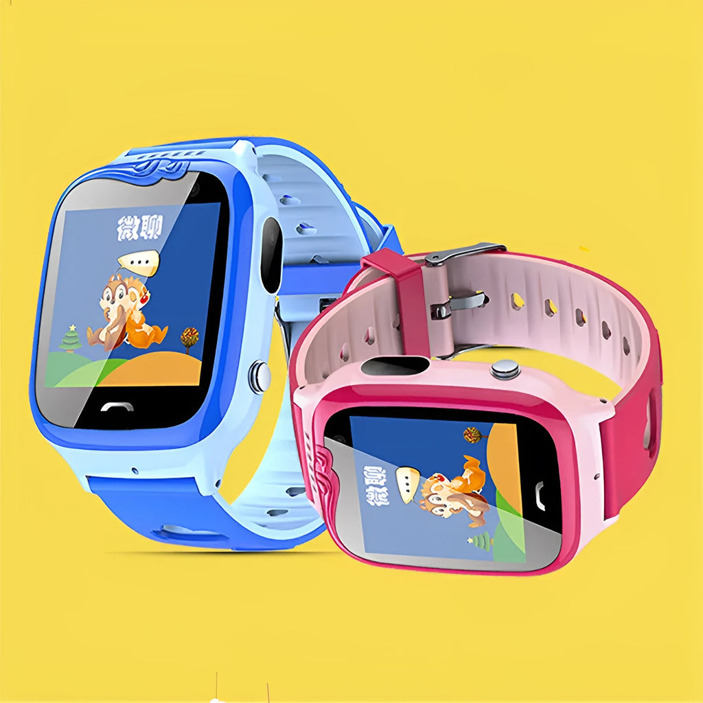 Children's smart phone watch with touch screen showing positioning interface on blue silicone wrist strap