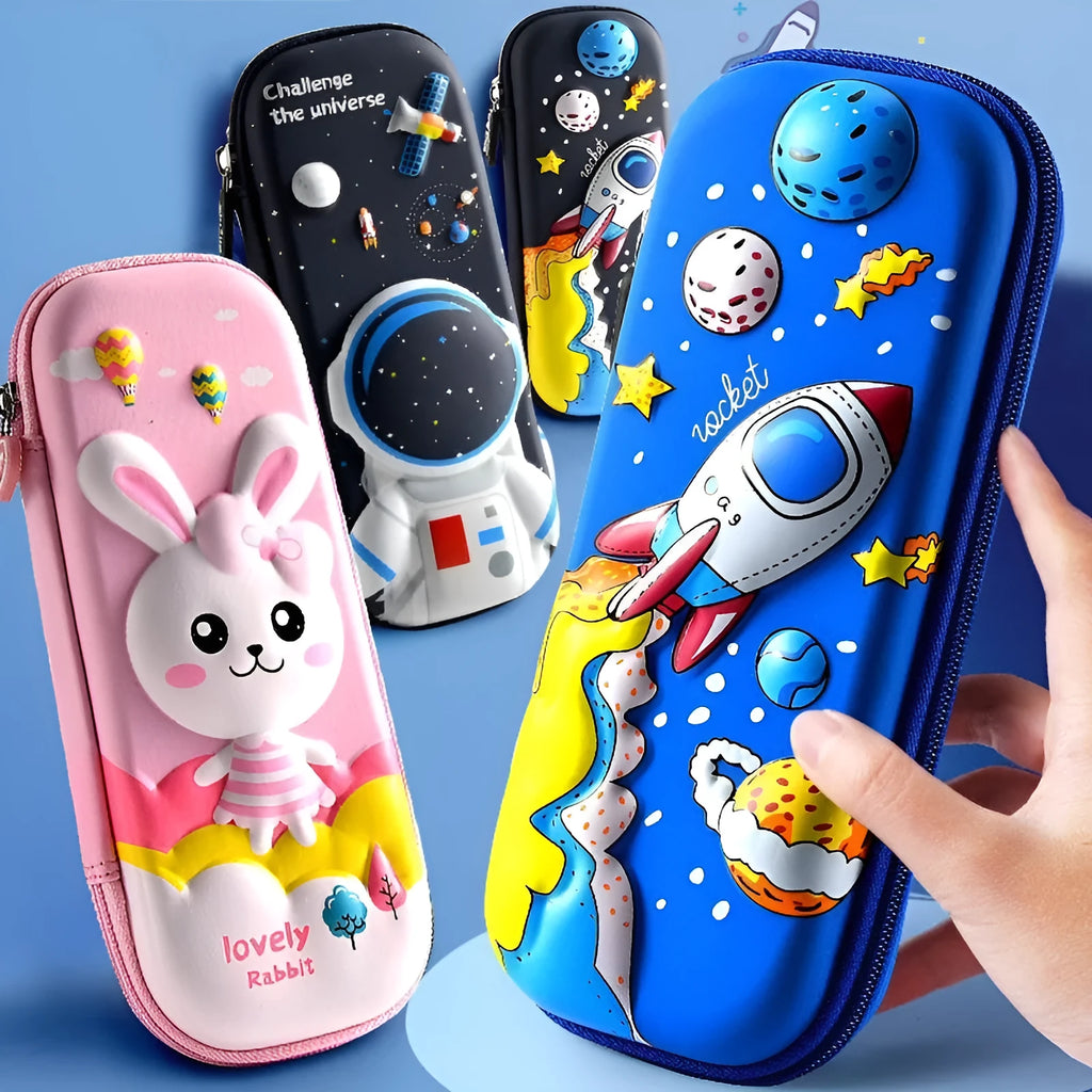 3D leather pencil case with zipper closure showing character design options including astronauts, unicorns, and mermaids