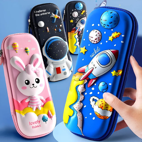 3D leather pencil case with zipper closure showing character design options including astronauts, unicorns, and mermaids